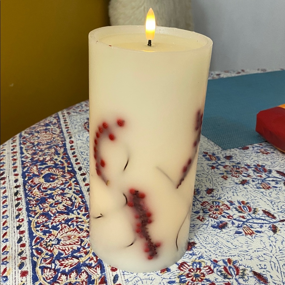 Elegant Cream and Red Pillar Candle